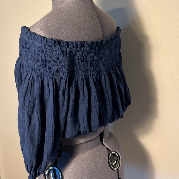 Free People Dancing Till Dawn Off Shoulder Blouse Navy Blue Size Small Buttons - Picture 4 of 5